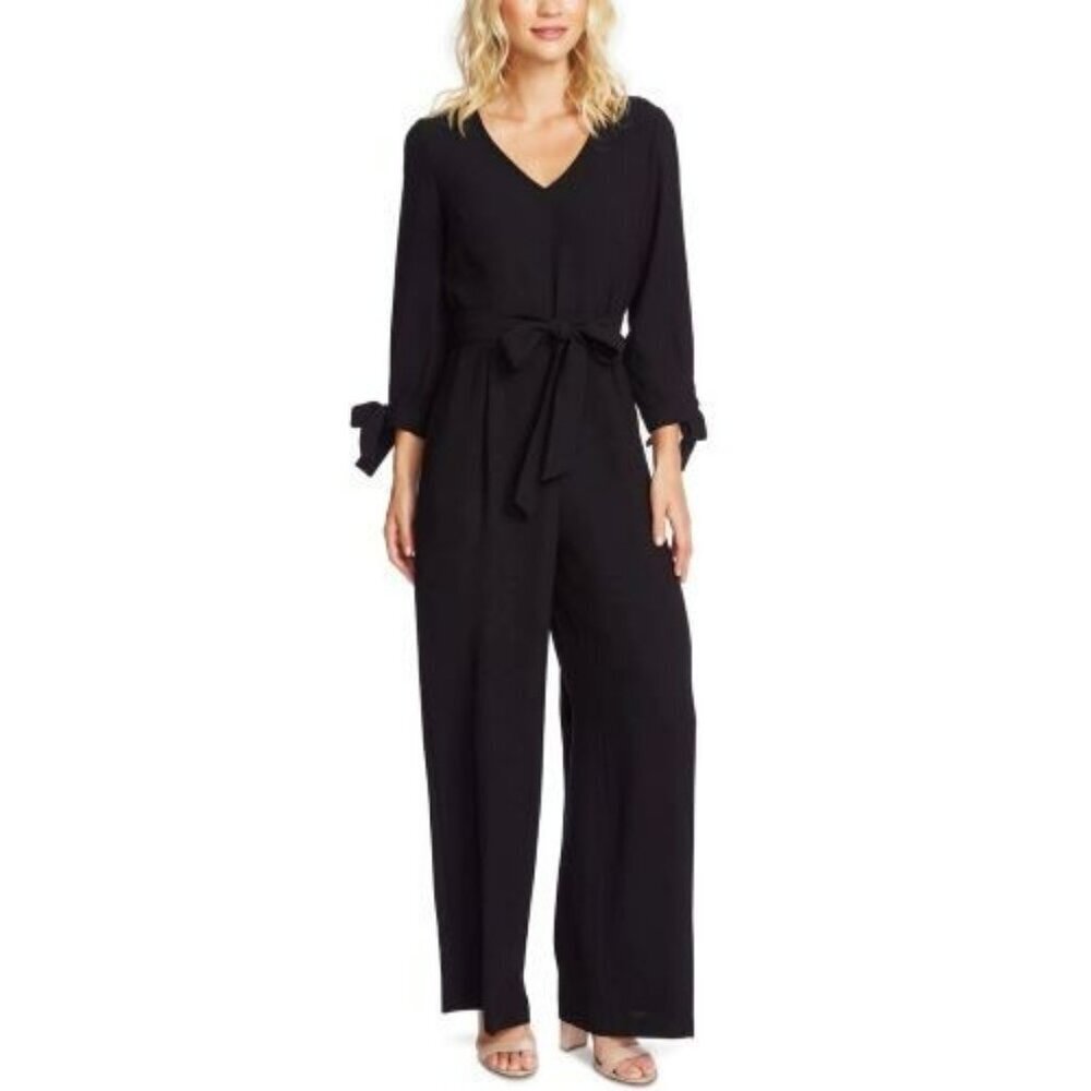 CeCe Women's Jumpsuit V-Neck Tie Sleeves Wide Leg Black Crepe  - 18W